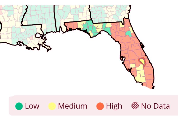 The Centers for Disease Control map for June 18 shows Okeechobee, Glades, Hendry, Collier and Desoto counties at medium risk for COVID-19 and the rest of South Florida at high risk. Okeechobee County is highlighted on the map. [Graphic courtesy CDC]